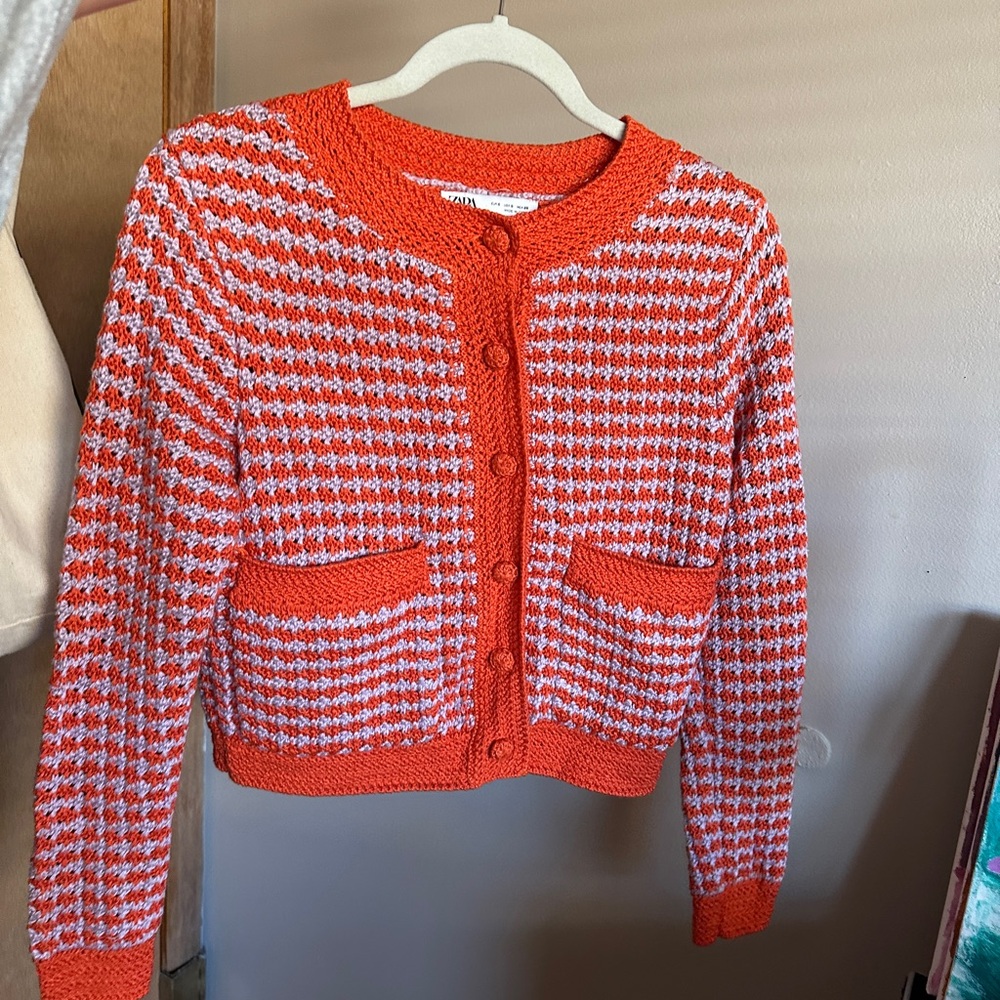 Zara Orange and Purple Houndstooth Cardigan Set
